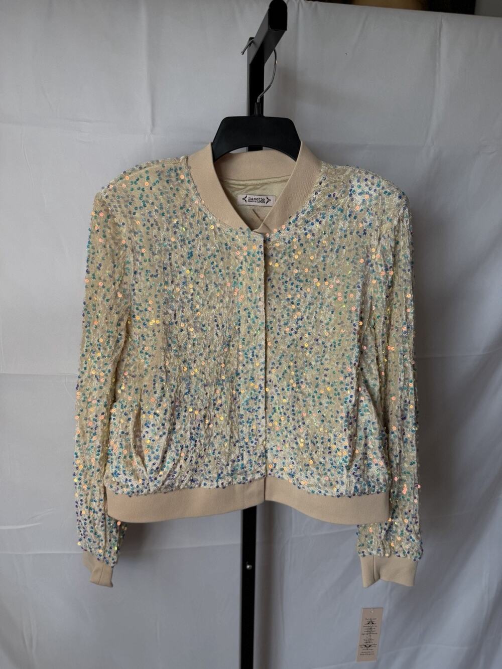 Nanette Lepore Cream/Champagne Iridescent Velvet Sequin Bomber Jacket Sz XL NWT